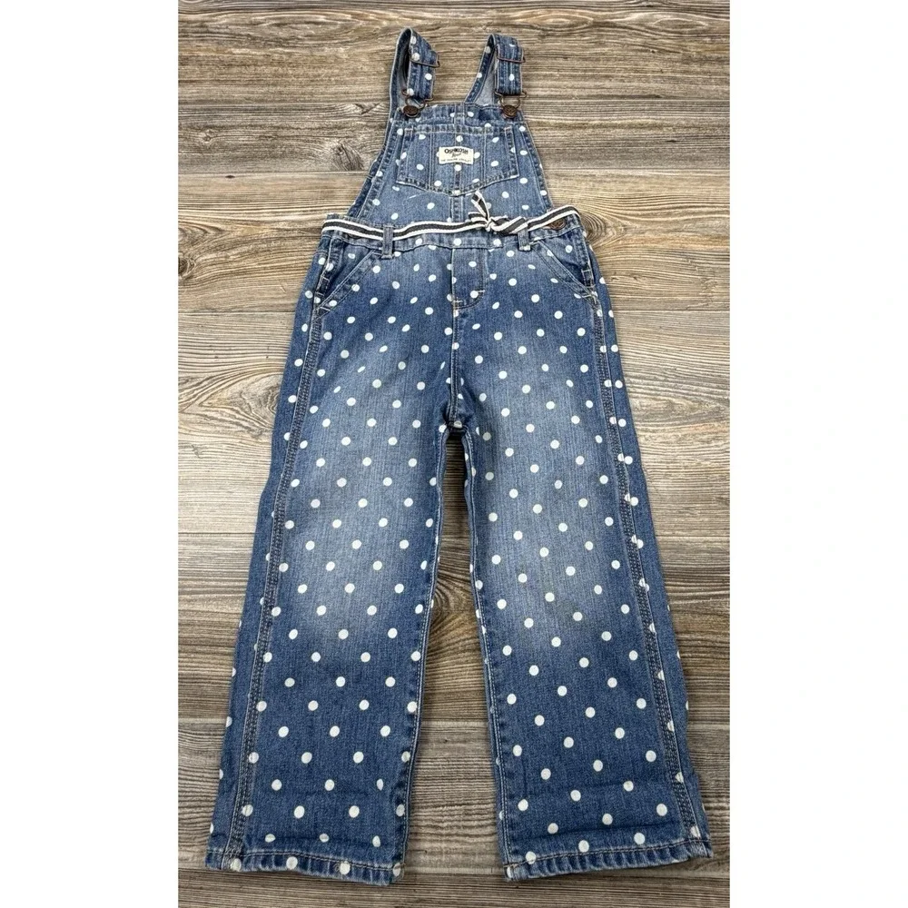 Oshkosh B'Gosh Denim Blue White Polka Dot Overalls Girls 4T Vestpak One-Piece